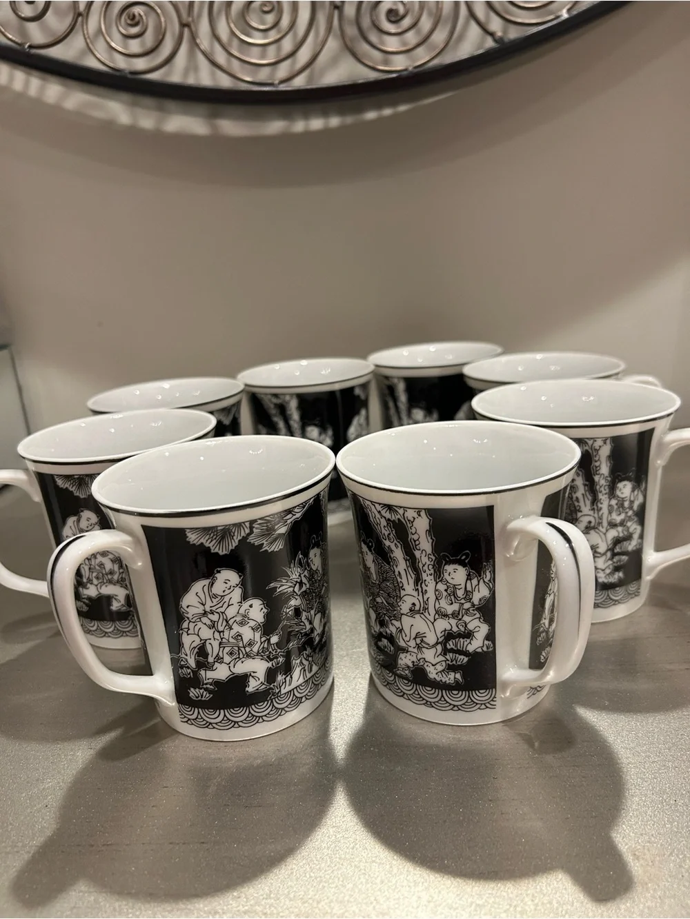 Set of 8 Porcelain Teacups with Black and White Scenic Design